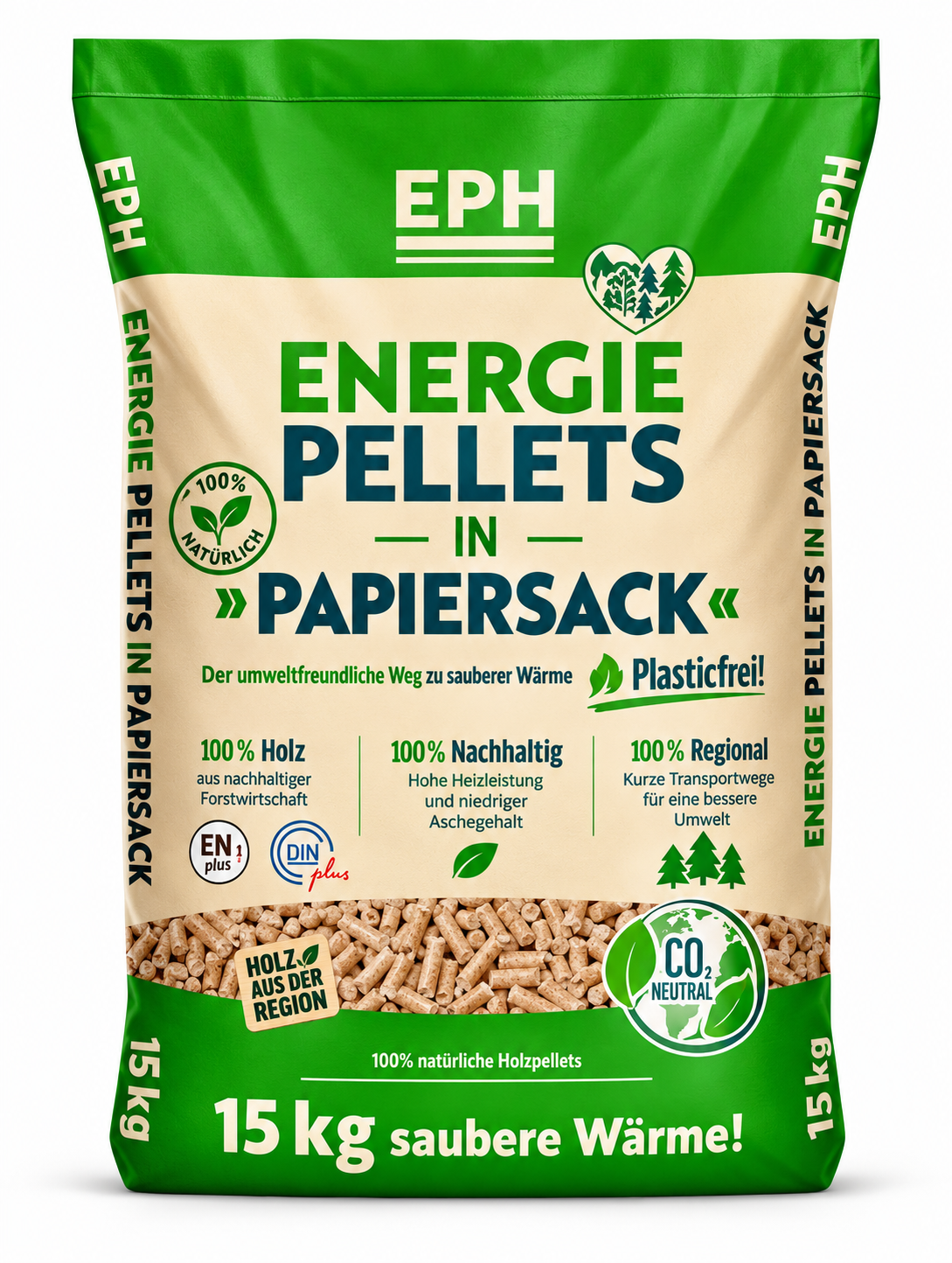 EPH Premium Pellets DINplus ENplus A1 – Palette 975 kg, 65 Papiersäcke à 15 kg